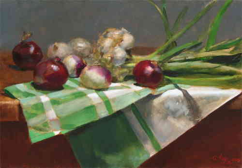 NATURE MORTE AUX OIGNONS ET NAVETS HST 38X65 CM (VENDU) - © Christophe Thiry, peintre